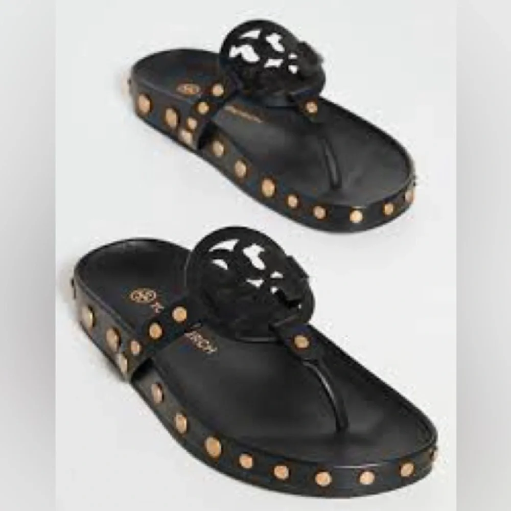 🔥🔥NWT Authentic Tory Burch Miller Cloud  Gold Coin Thong Sandals Black  11 M